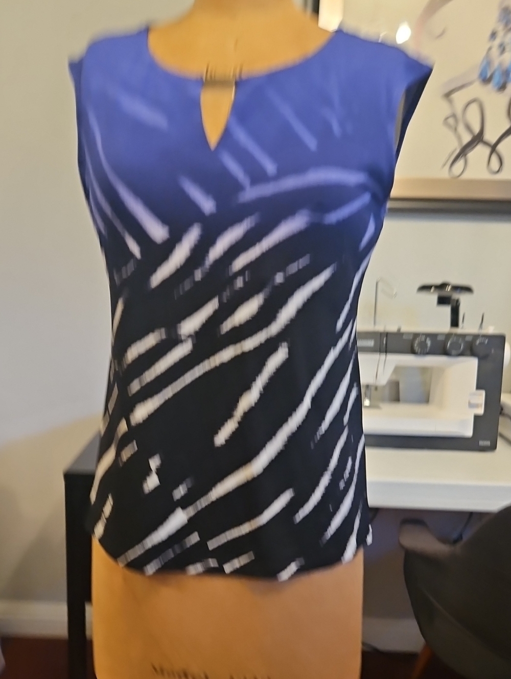 Calvin Klein Blue, Black & White Sleeveless Keyhole Blouse